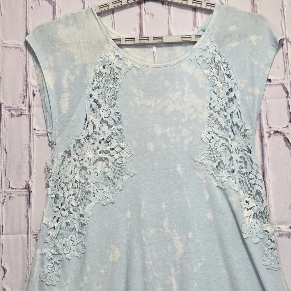 Y2K Free People Light Blue Acid Wash Lace Crochet Mini Sun Beachy Dress Women XS